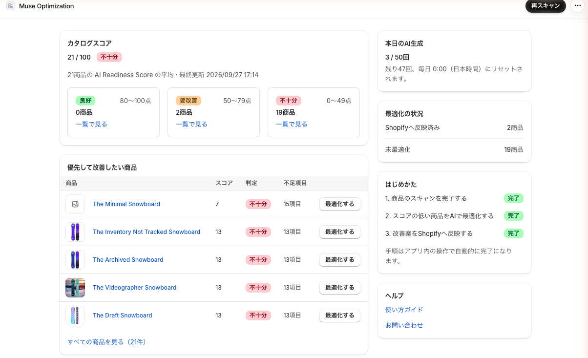 ホーム画面。カタログスコア、判定ごとの件数、優先して改善したい商品が表示されている
