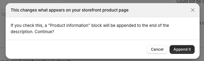 The confirmation shown before appending to the product description