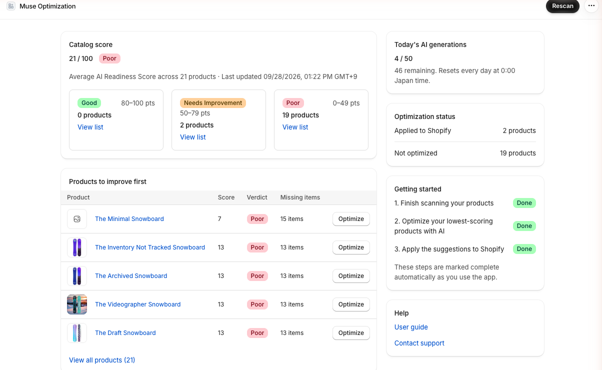 The home screen, showing the catalog score, the number of products in each verdict, and the products to improve first