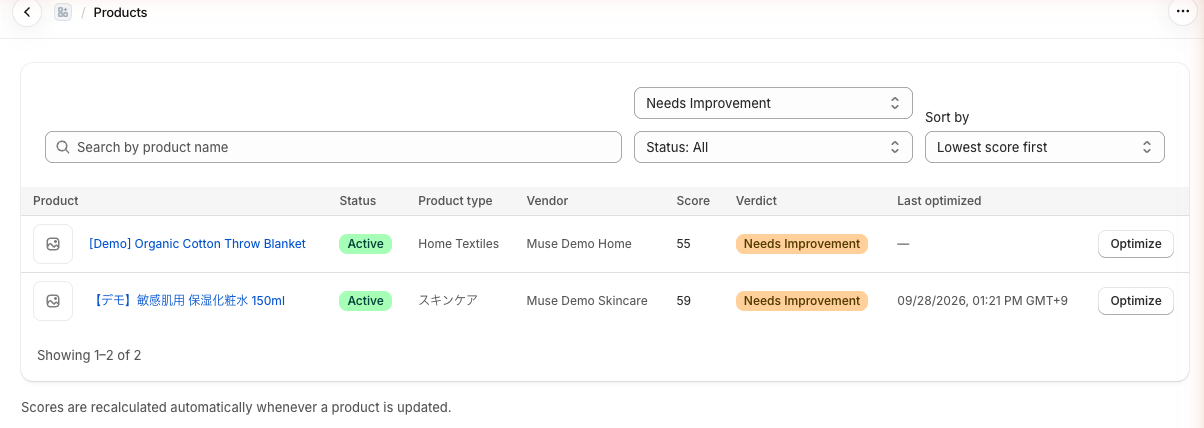 The product list, showing the products that match the selected verdict