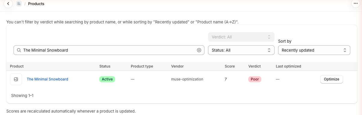Searching by product name disables the verdict filter, and the reason is shown above the list