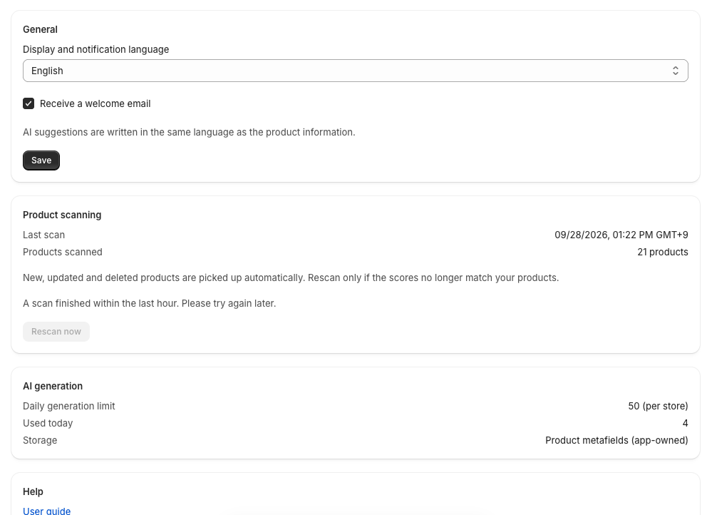 The Settings screen, with sections for language, the welcome email, product scanning, and AI generation
